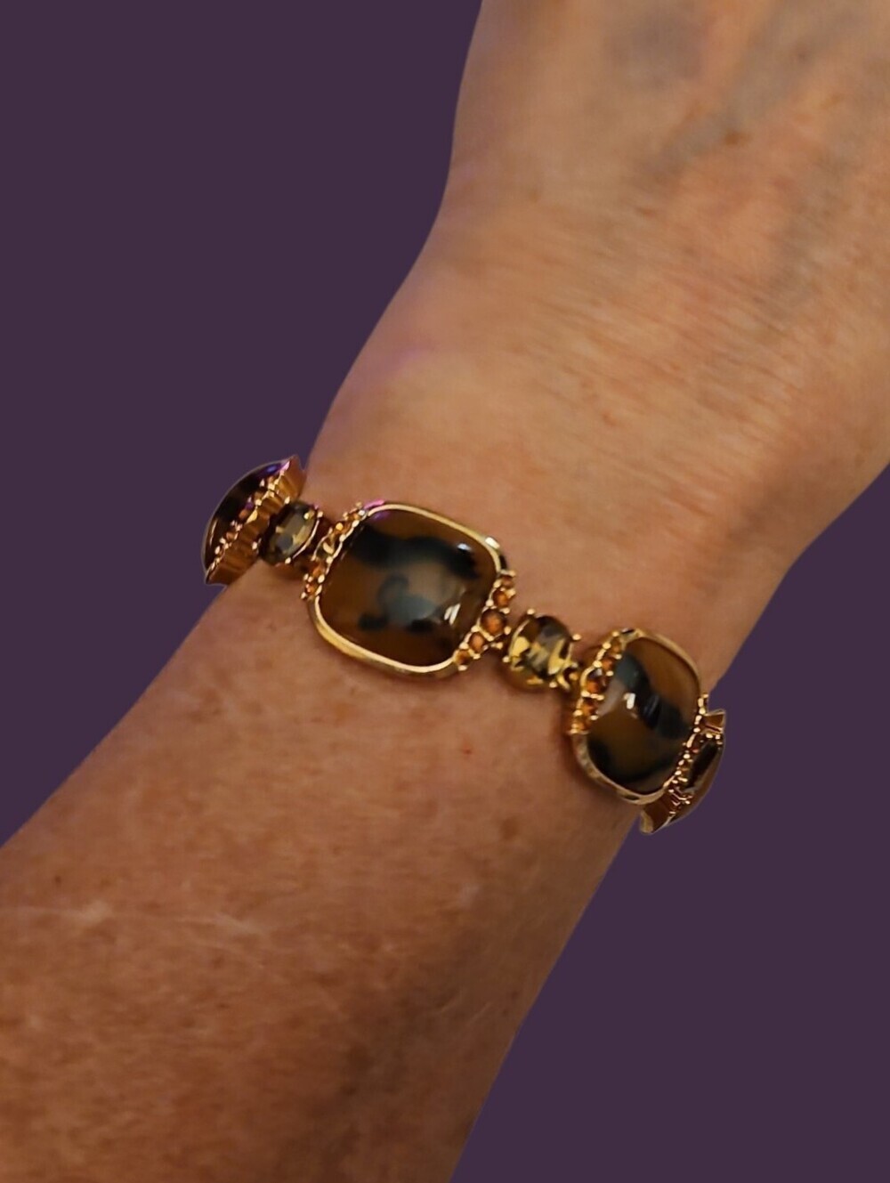 Vtg MONET Tortoise Acrylic Square Rhinestone Link Bracelet